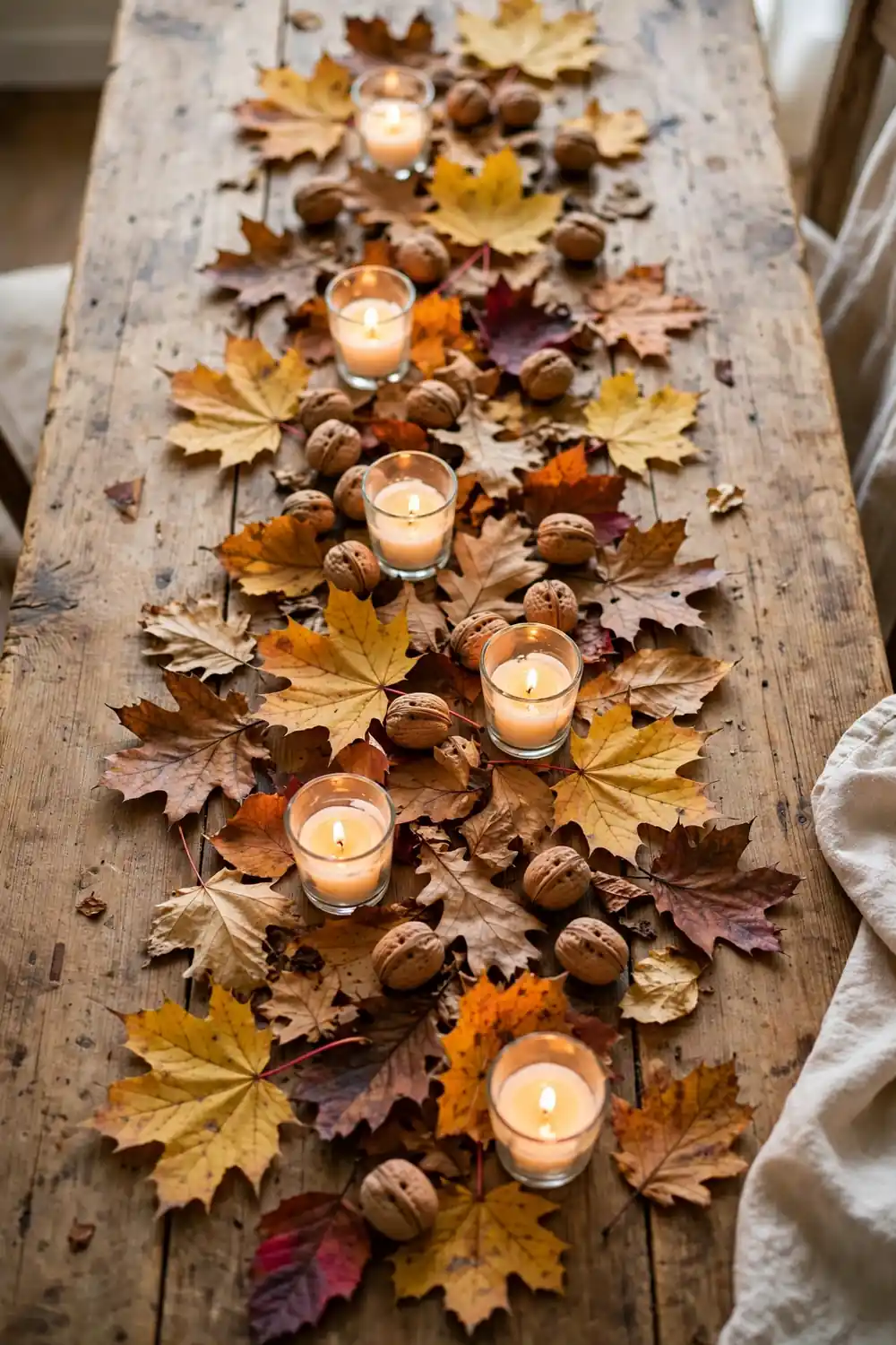 Loose trail of autumn leaves, walnuts and votive candles down a table