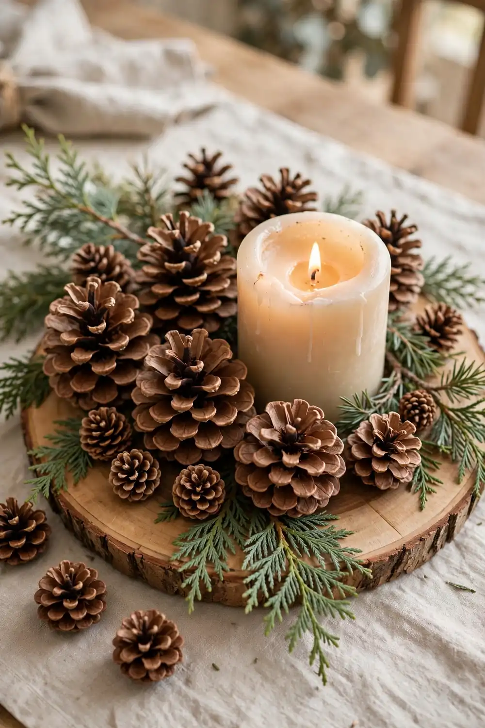 Pinecones clustered around a pillar candle with cedar sprigs