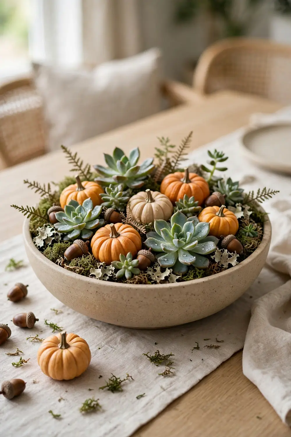 Shallow bowl with mini pumpkins, succulents, moss and acorns