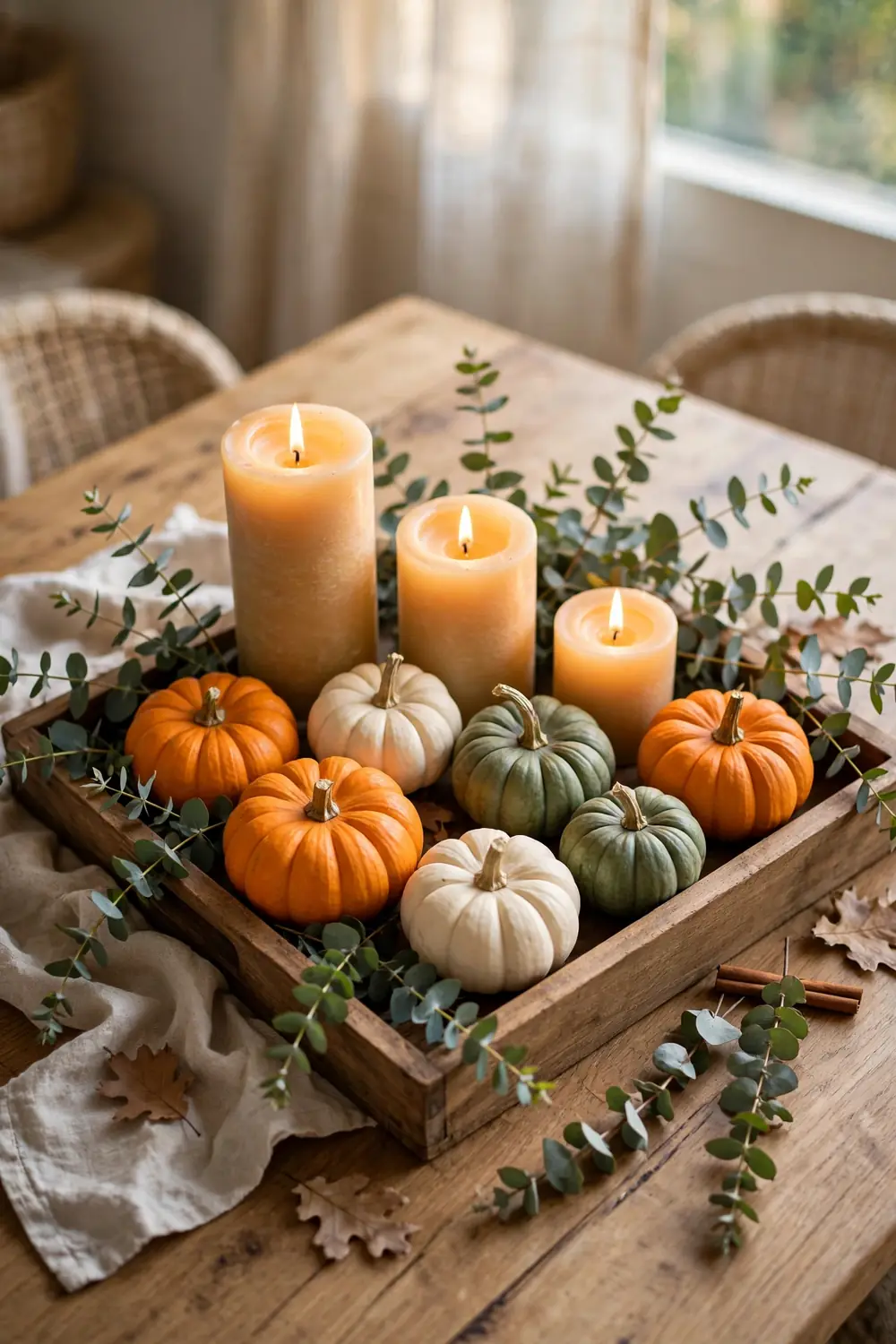 Wooden tray with mini pumpkins, pillar candles and eucalyptus sprigs