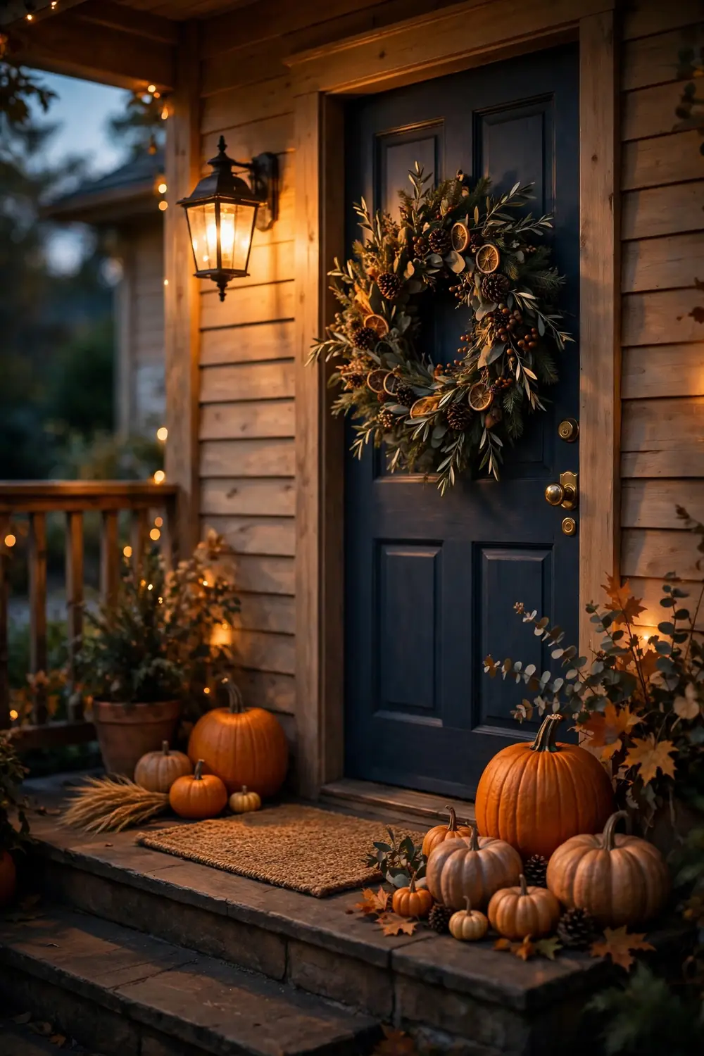 Front porch glowing with warm amber light, pumpkins and wreath catching the golden glow
