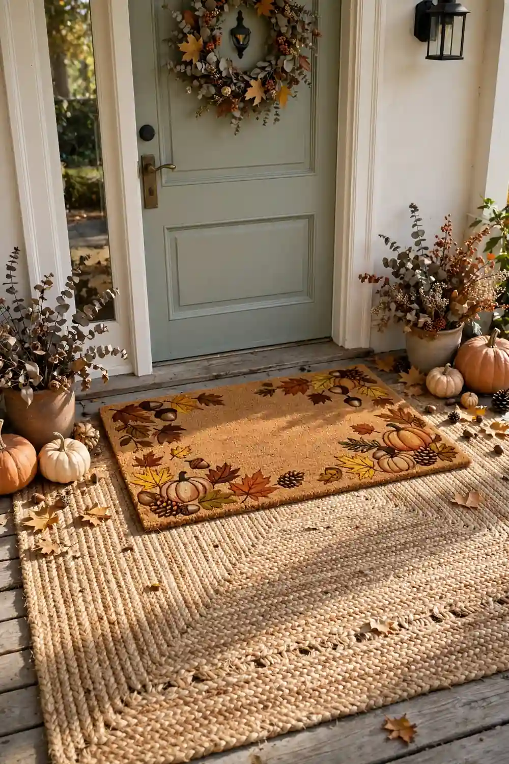 Seasonal fall doormat layered at an angle over a large jute outdoor rug