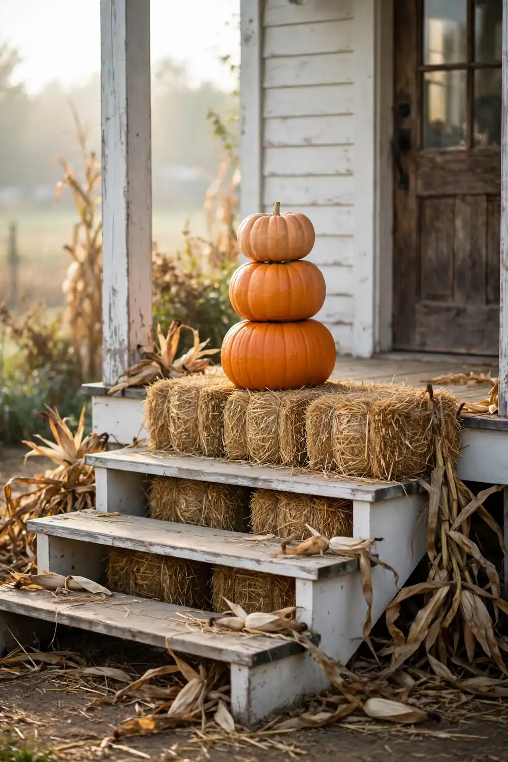 Hay bales tucked behind porch steps with pumpkins stacked on top at eye level