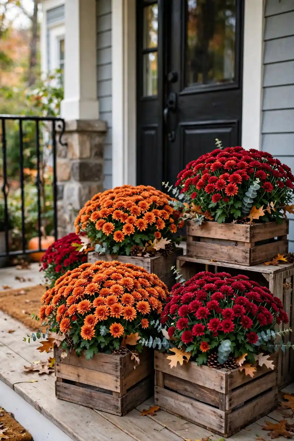 Fall mums in burnt orange and deep red set inside wooden crates on a porch