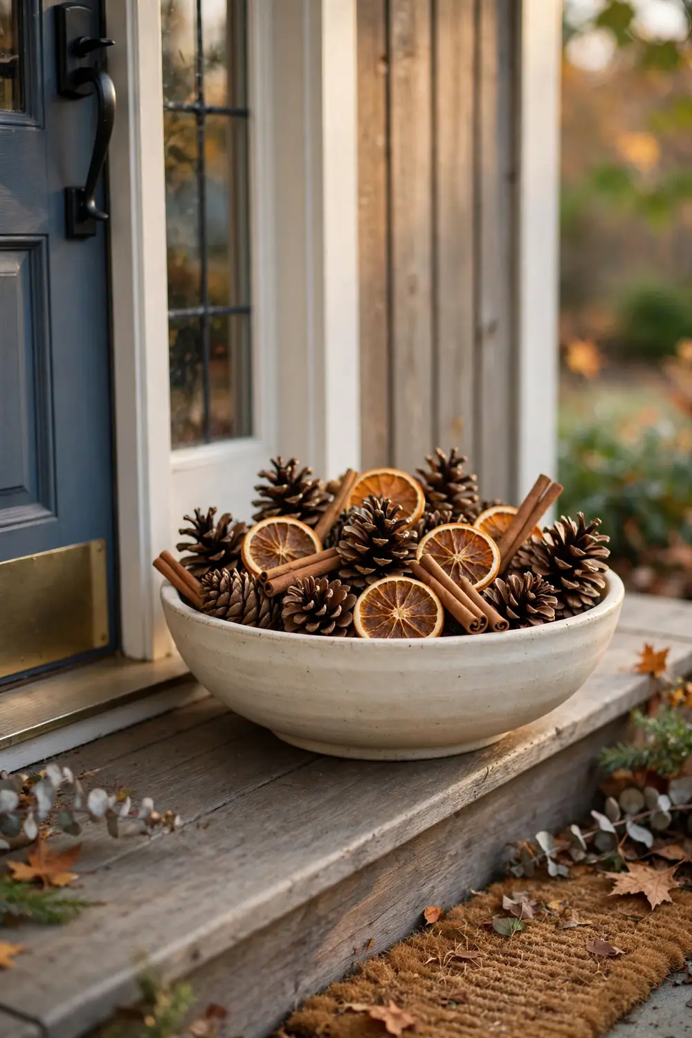 Wide shallow bowl of pinecones, dried orange slices, and cinnamon sticks by a front door