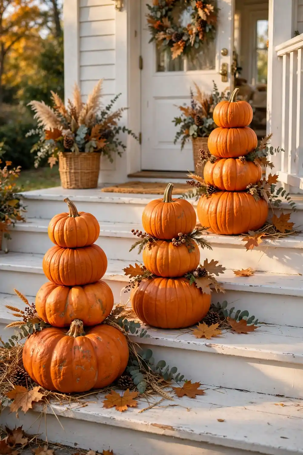 Pumpkin stacks in odd numbered groups zigzagging up porch steps
