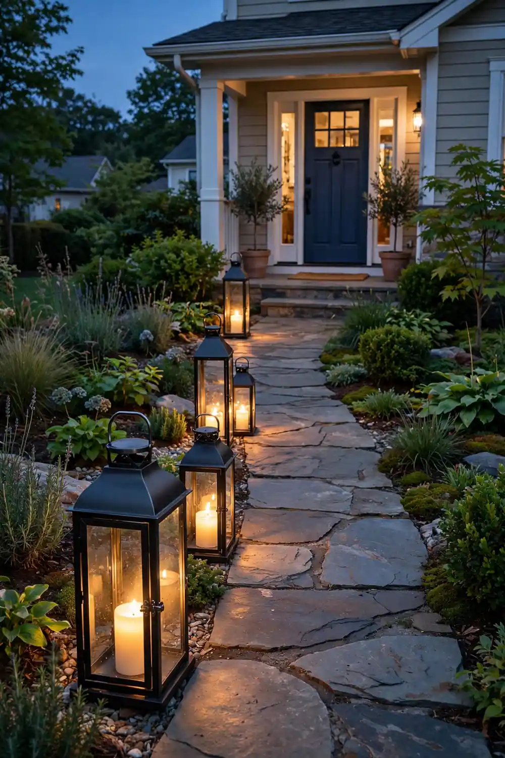 Glowing lanterns of mixed heights lining one side of a front walkway at dusk