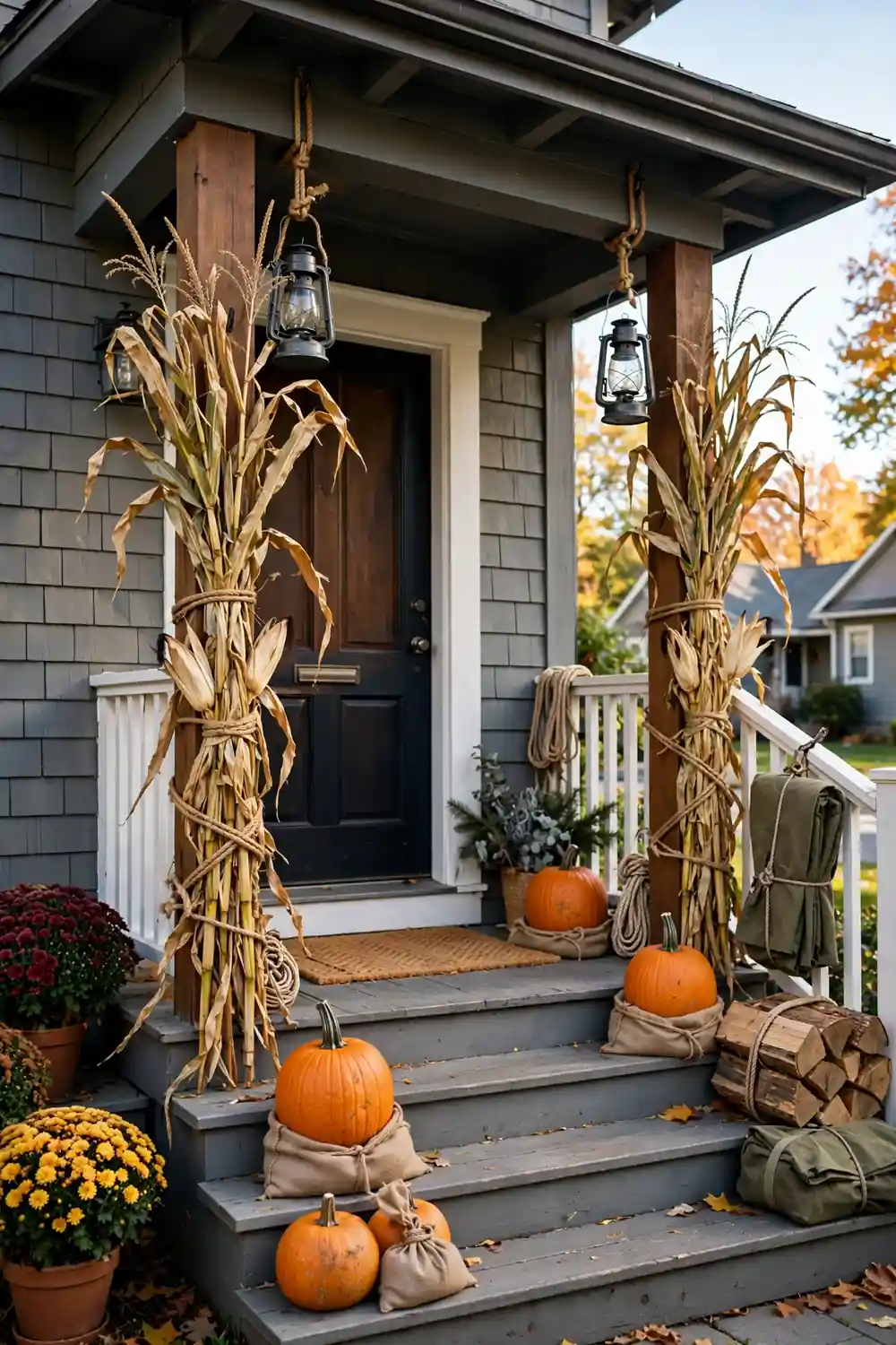 Wind safe front porch with tied lanterns, weighted pumpkins, and secured corn stalks