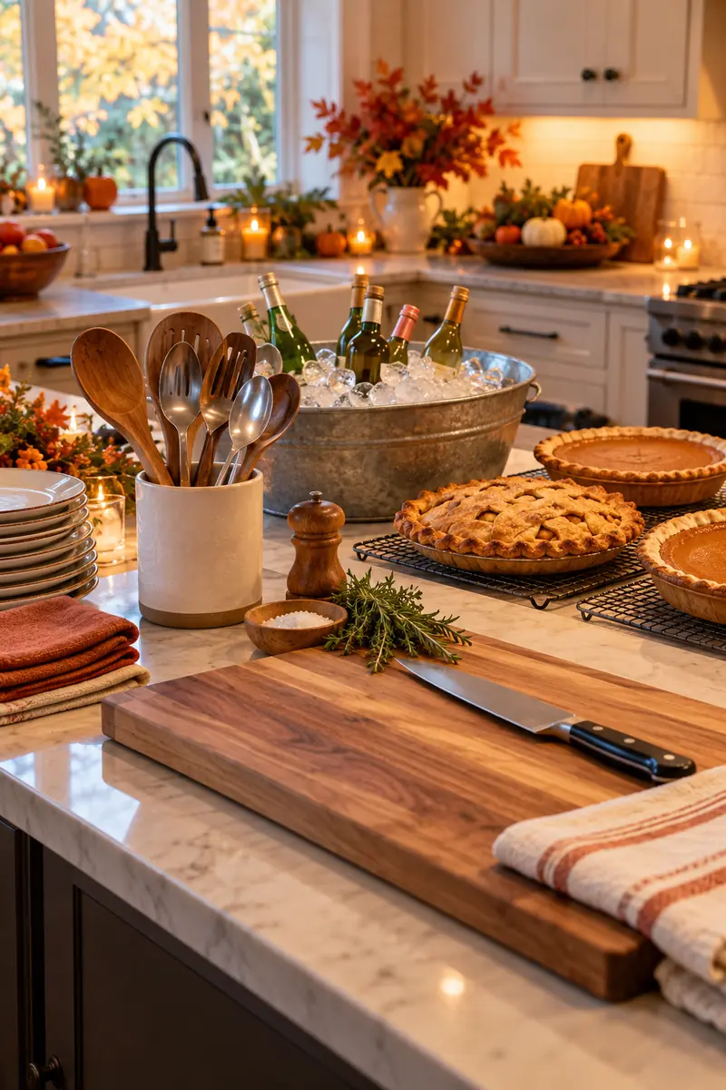 Kitchen counter organized with serving dishes ready for Thanksgiving helpers