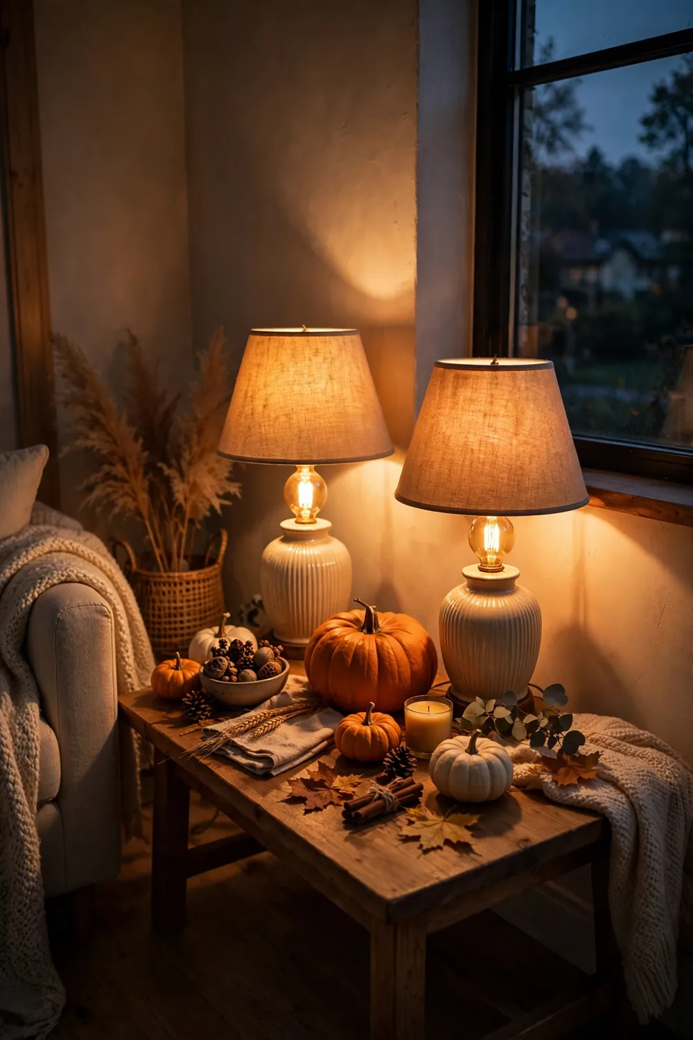 Cozy living room corner with warm amber lamplight glowing over fall decor