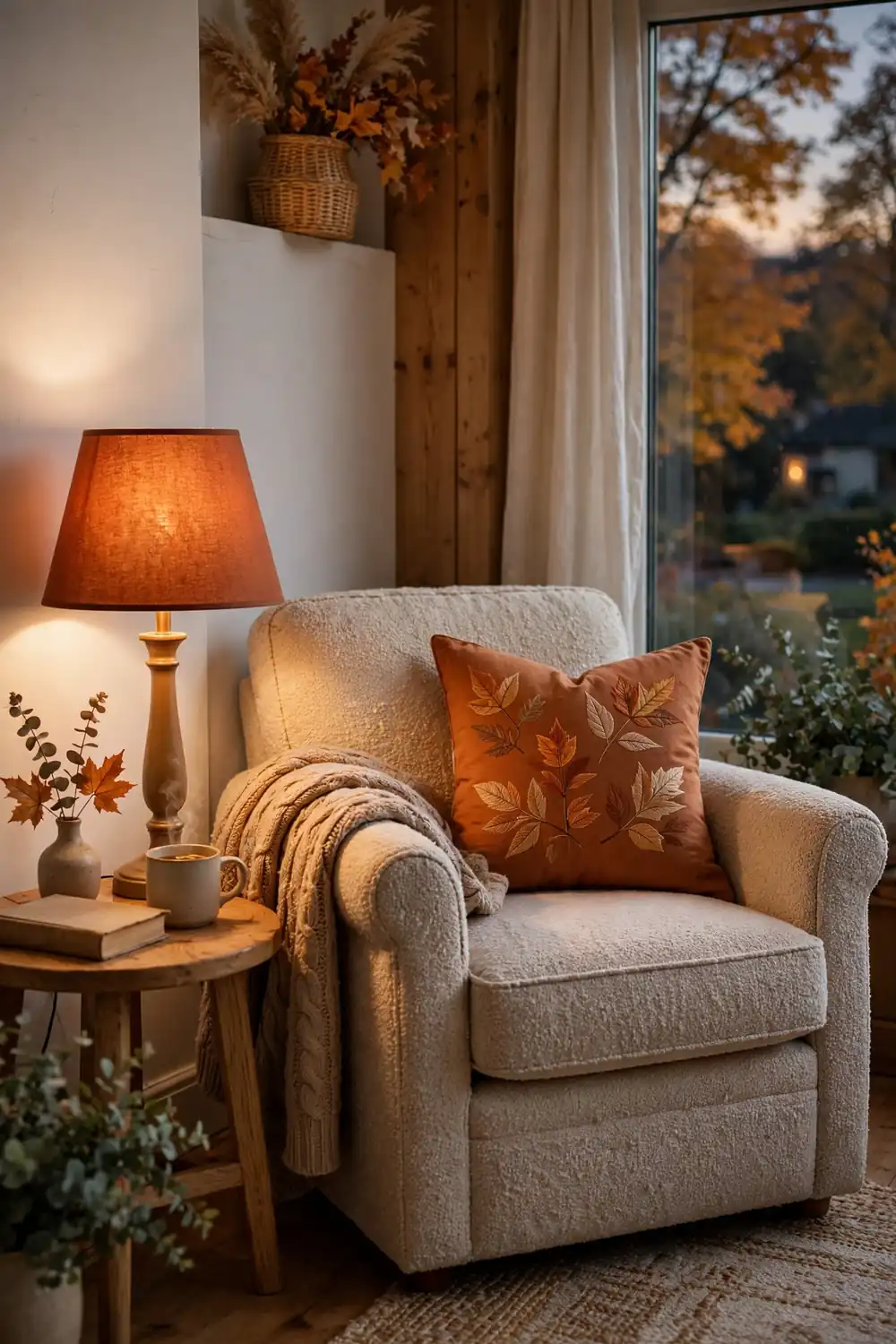 Reading lamp with a warm rust shade glowing beside an armchair in fall colors
