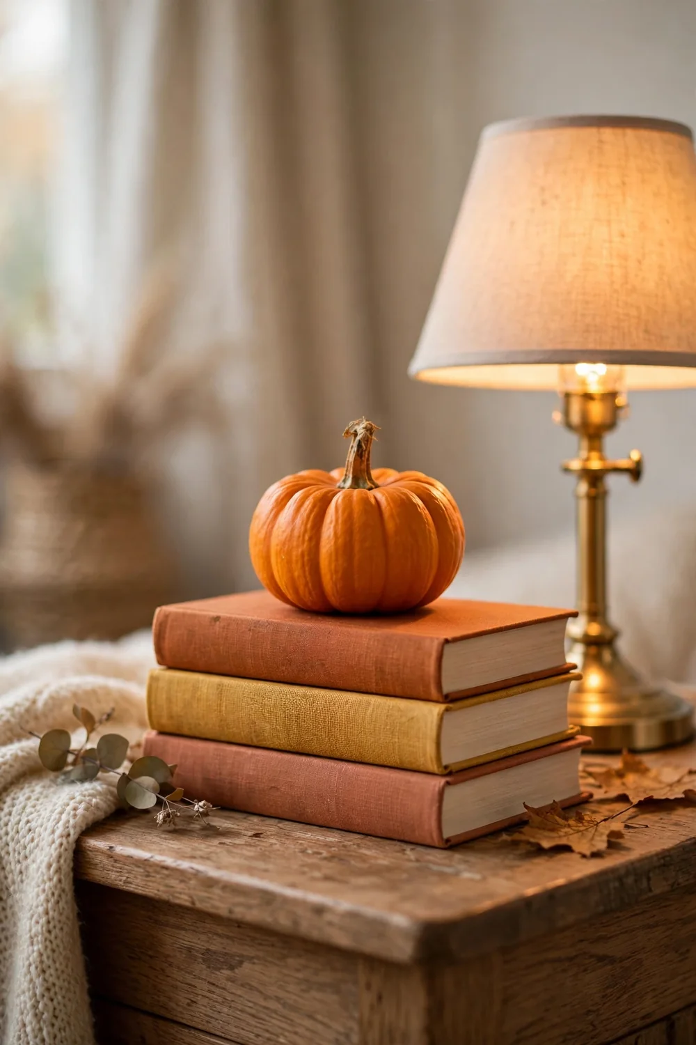 Stack of hardcover books topped with a small pumpkin on a wooden side table