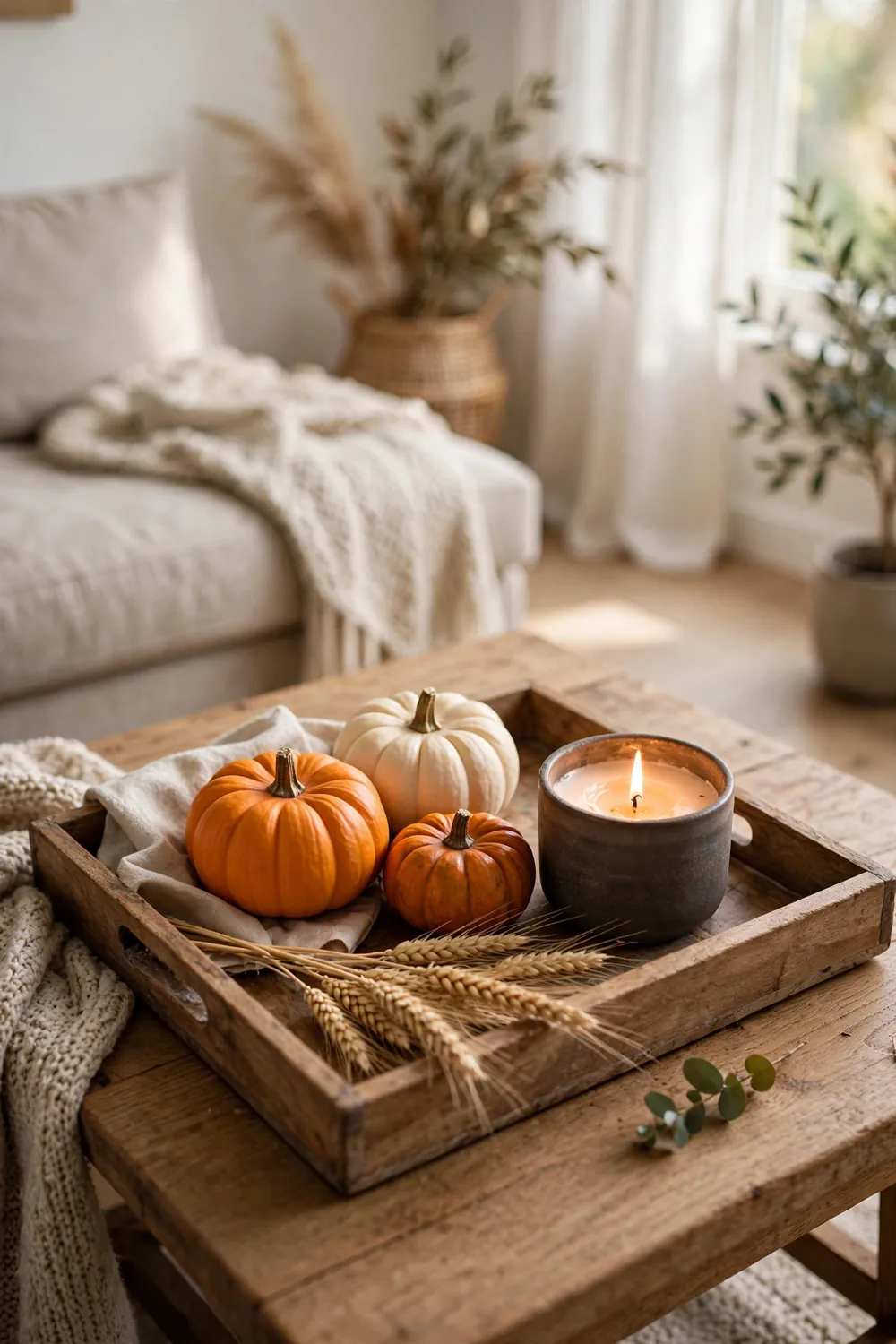 Wooden tray on coffee table with small pumpkins, a candle, and dried wheat