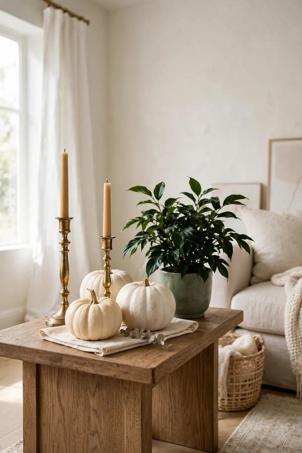 Elegant living room corner with cream pumpkins, brass candlesticks, and a green plant