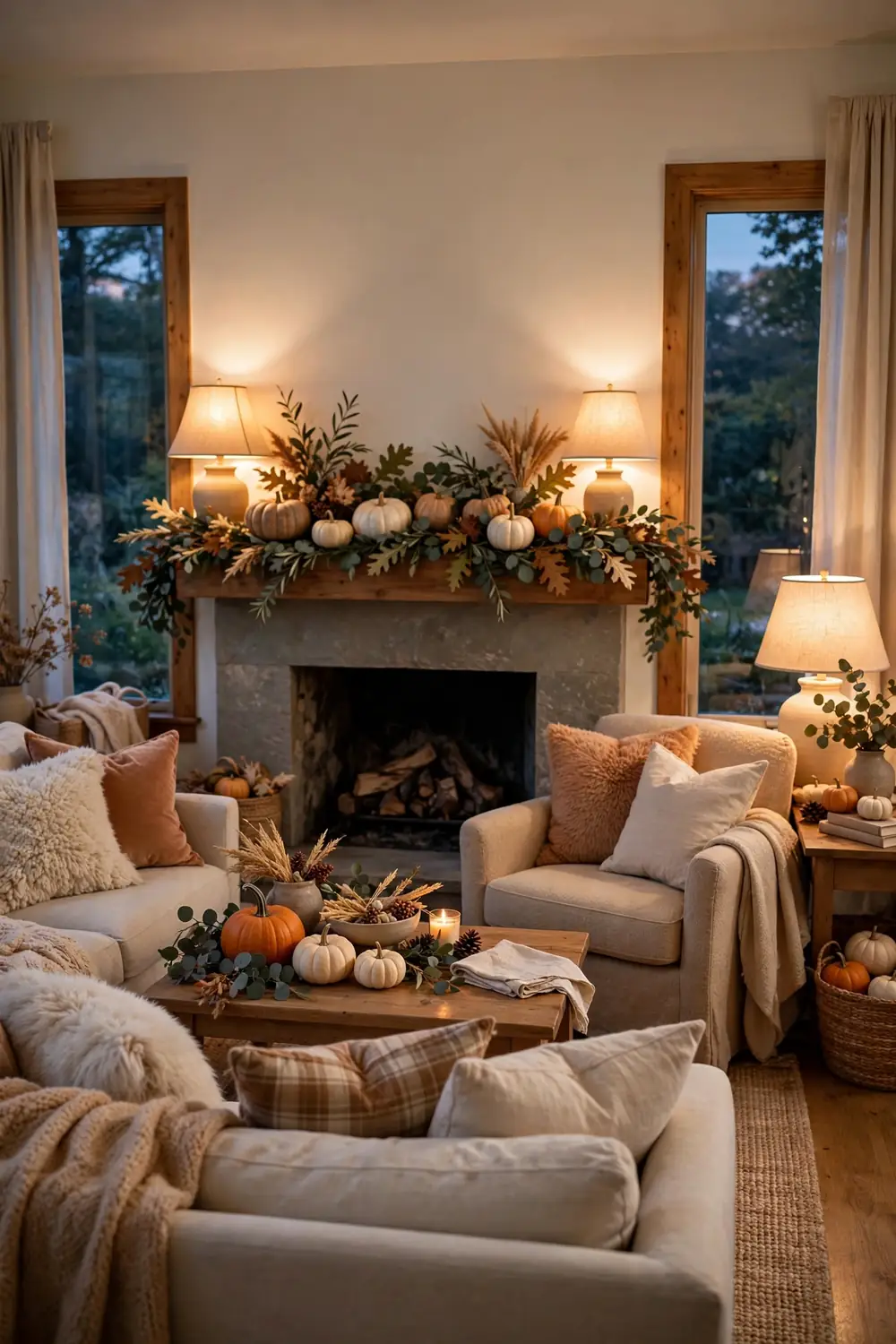 Welcoming Thanksgiving living room with glowing lamps, pumpkins, and tidy seating ready for guests