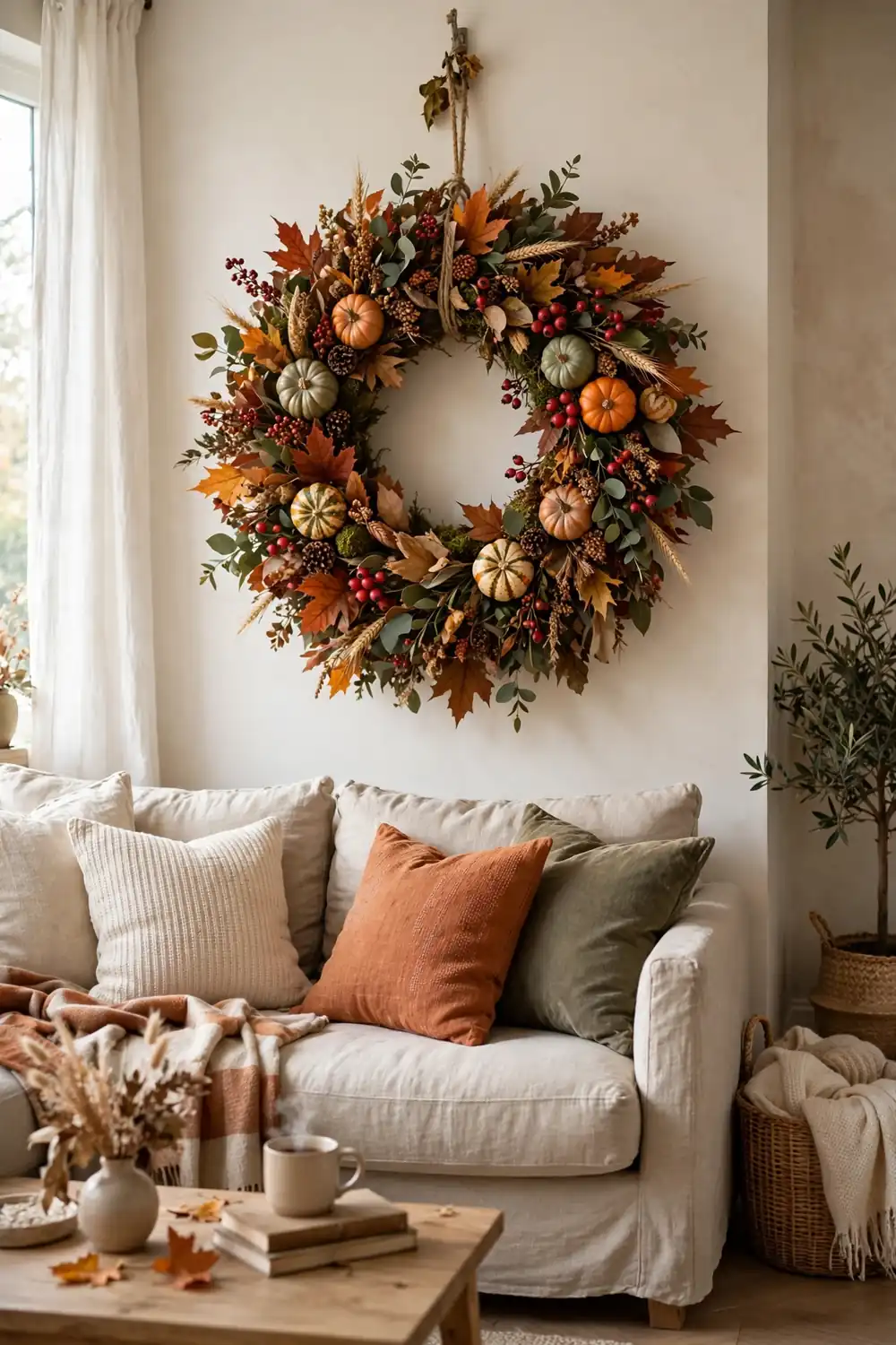 Harvest wreath with leaves and berries hanging centered above a cozy sofa