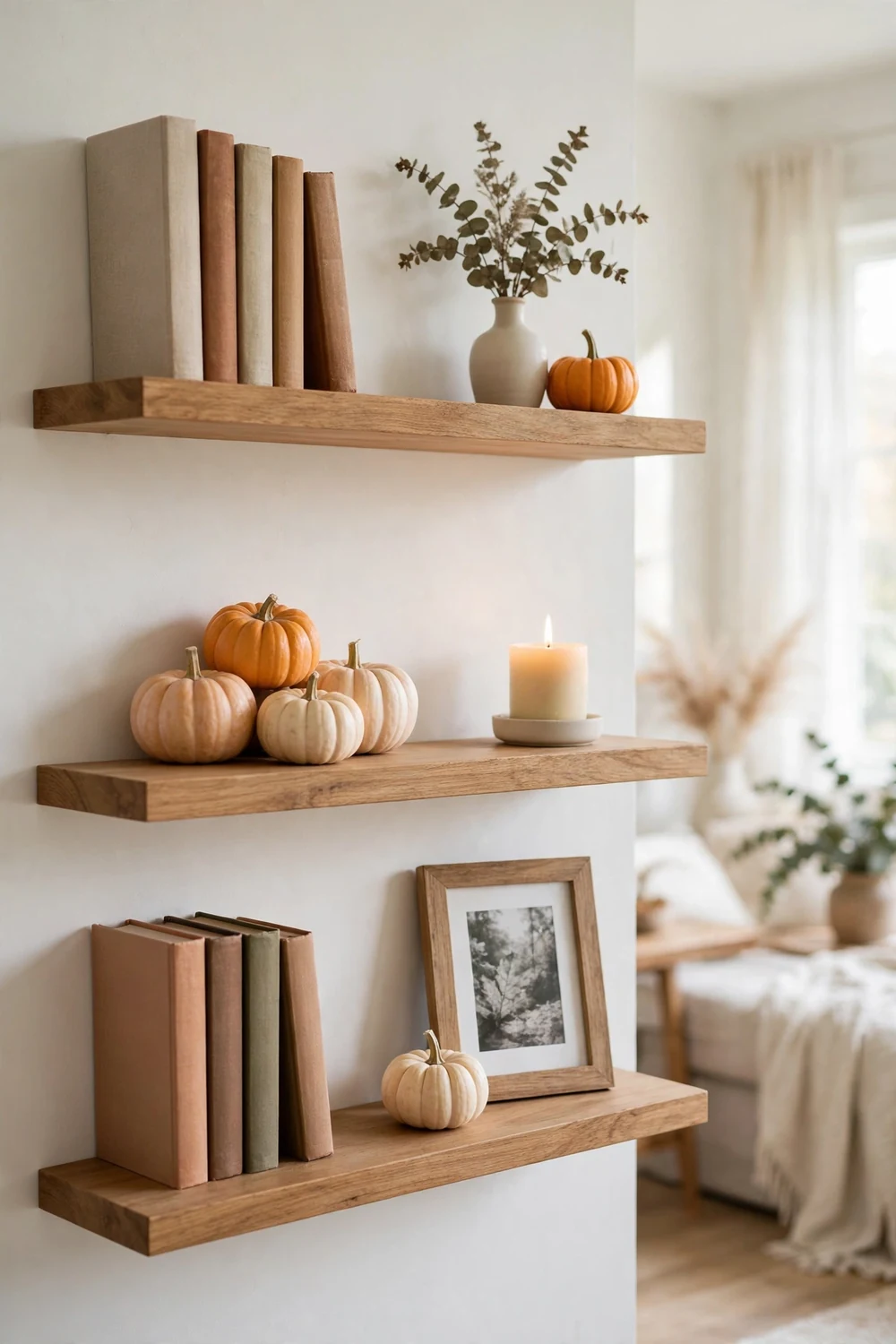 Open wooden shelves styled with books, mini pumpkins, and a candle