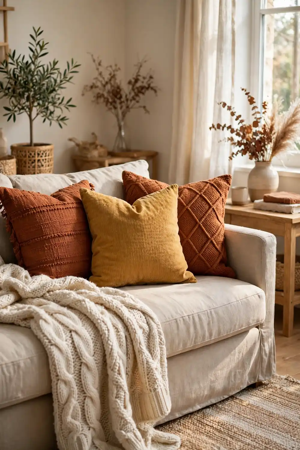 Sofa styled with rust and mustard fall throw pillows and a chunky knit blanket