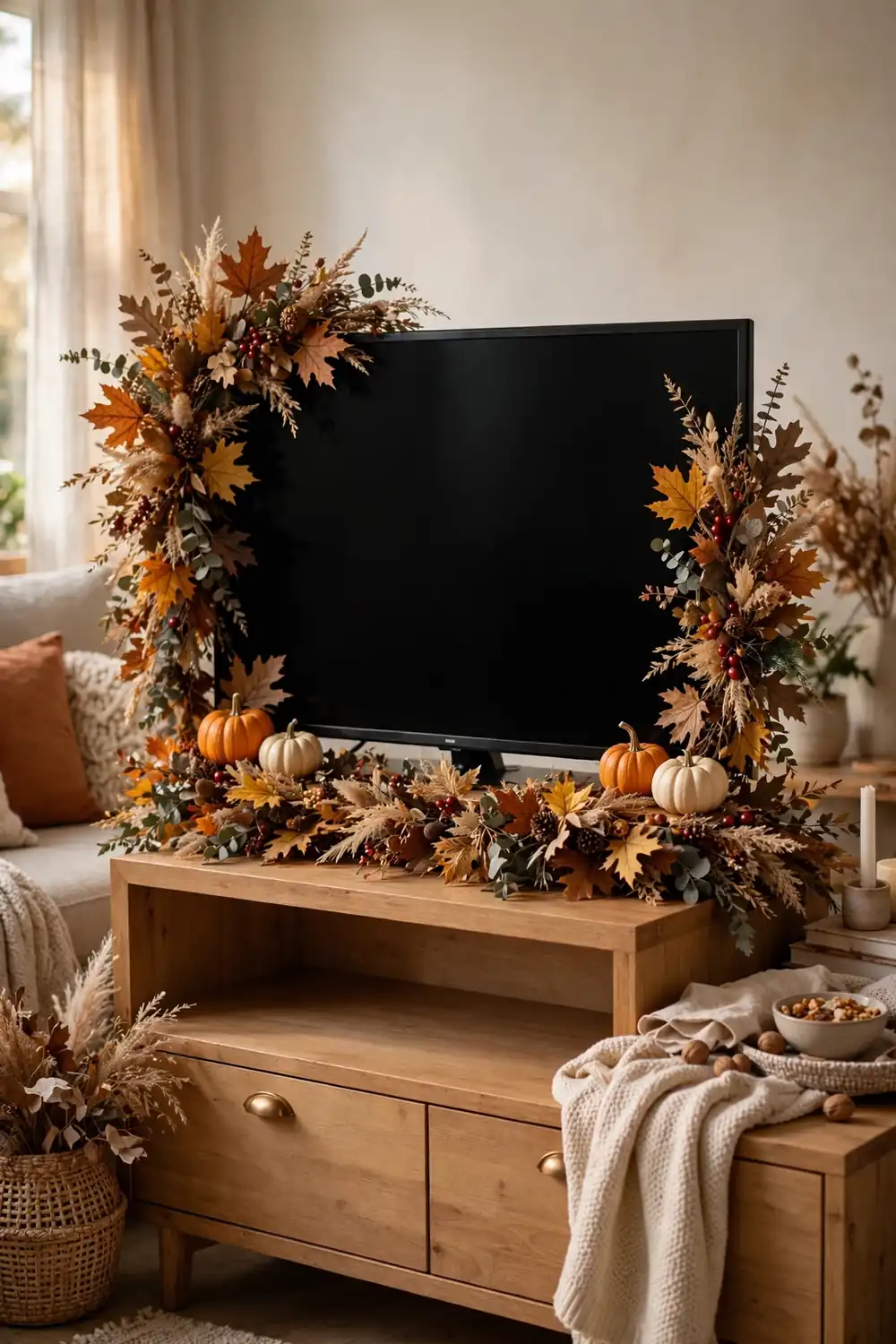 TV console dressed with fall garland on both sides and small pumpkins, screen clear