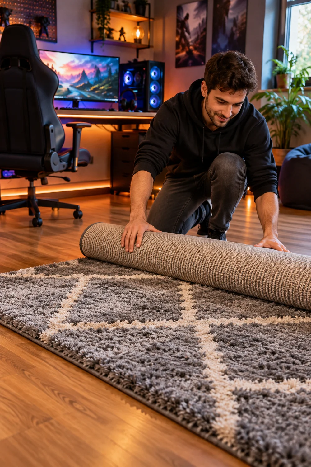 Thick area rug laid out in a gaming room to soften sound