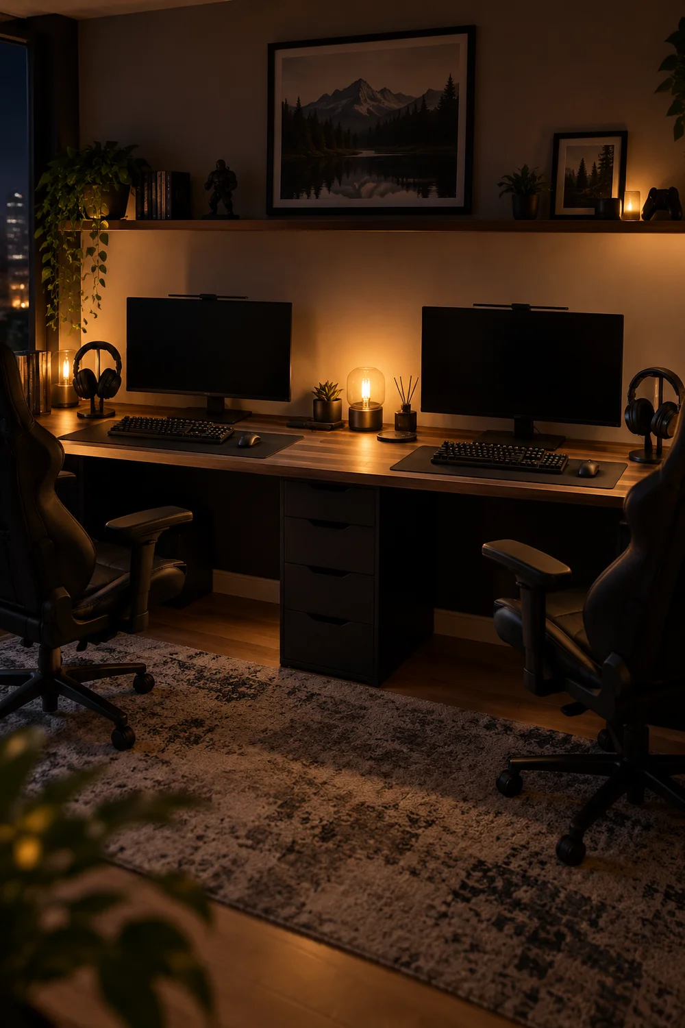 Tidy dual gaming setup at night after cleanup