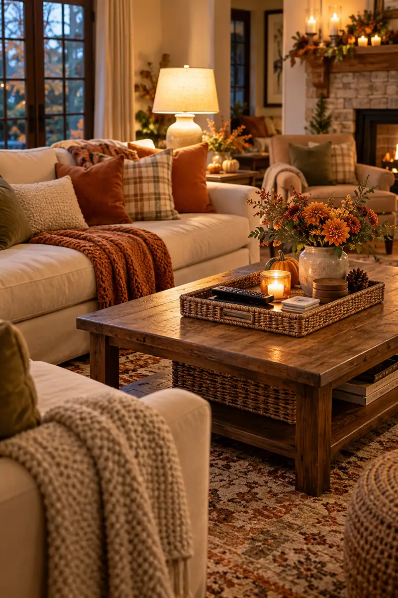 Tidy living room with warm lamplight ready for Thanksgiving guests