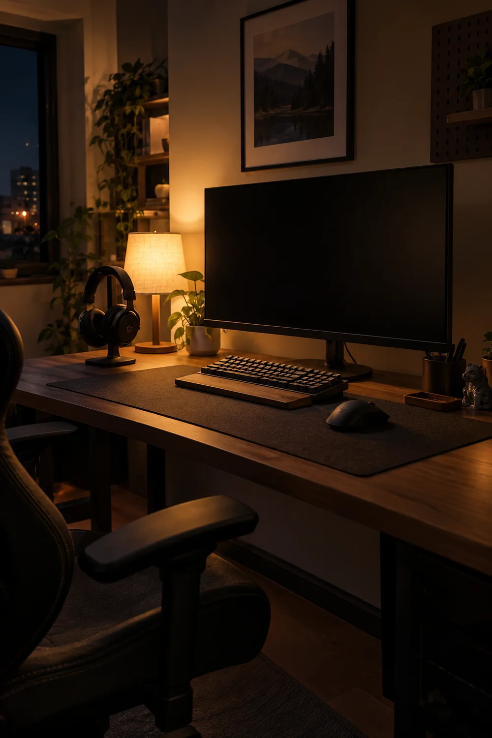 Tidy PC gaming desk at night after a quick cleanup
