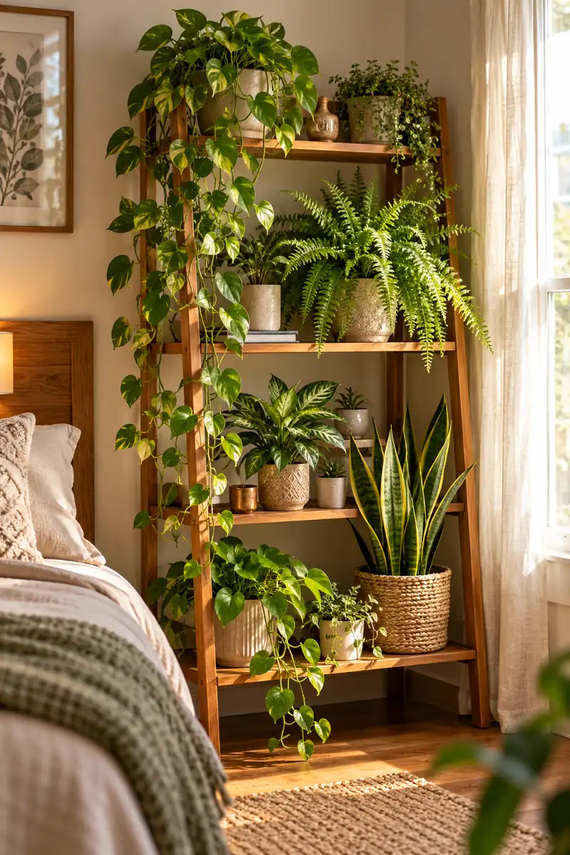 Tiered shelf styled with plants of mixed heights