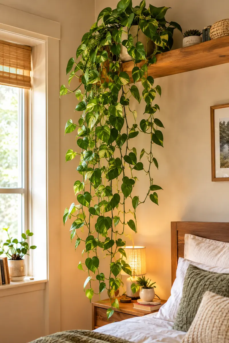 Trailing pothos vines draping from a high shelf in a small bedroom