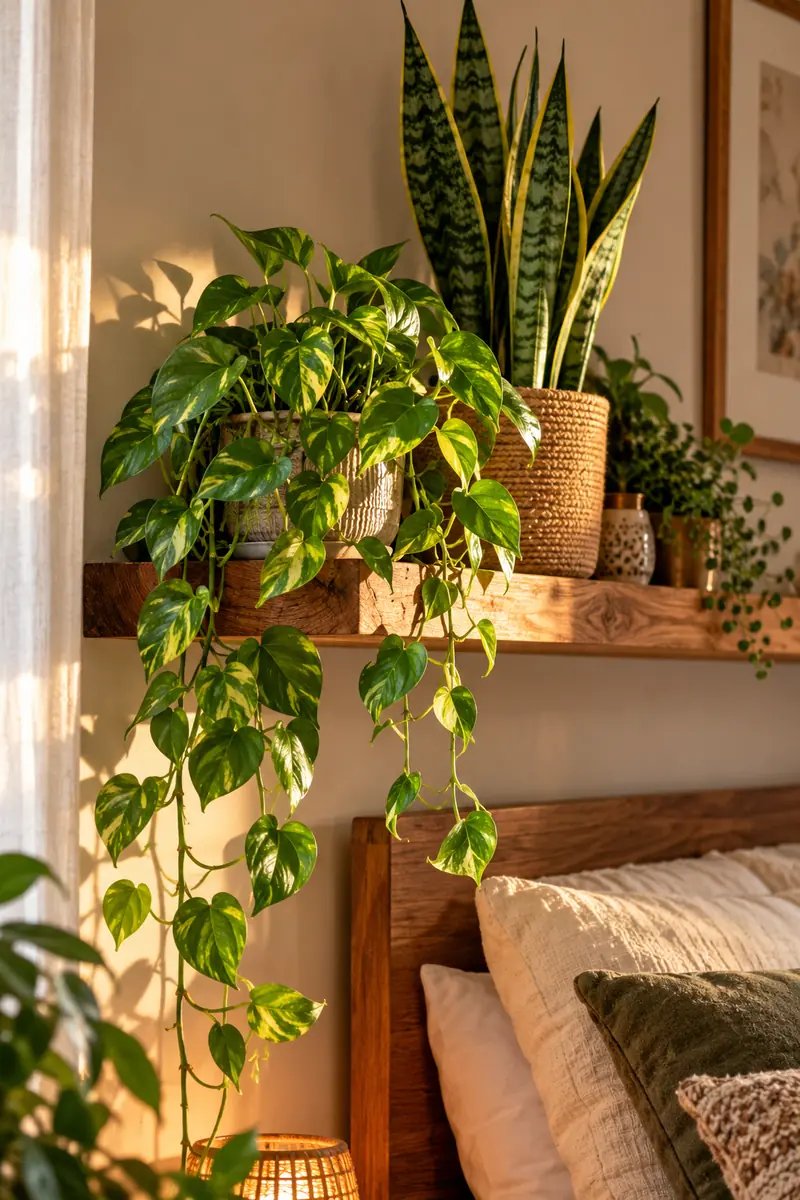 Shelf mixing trailing and upright plants