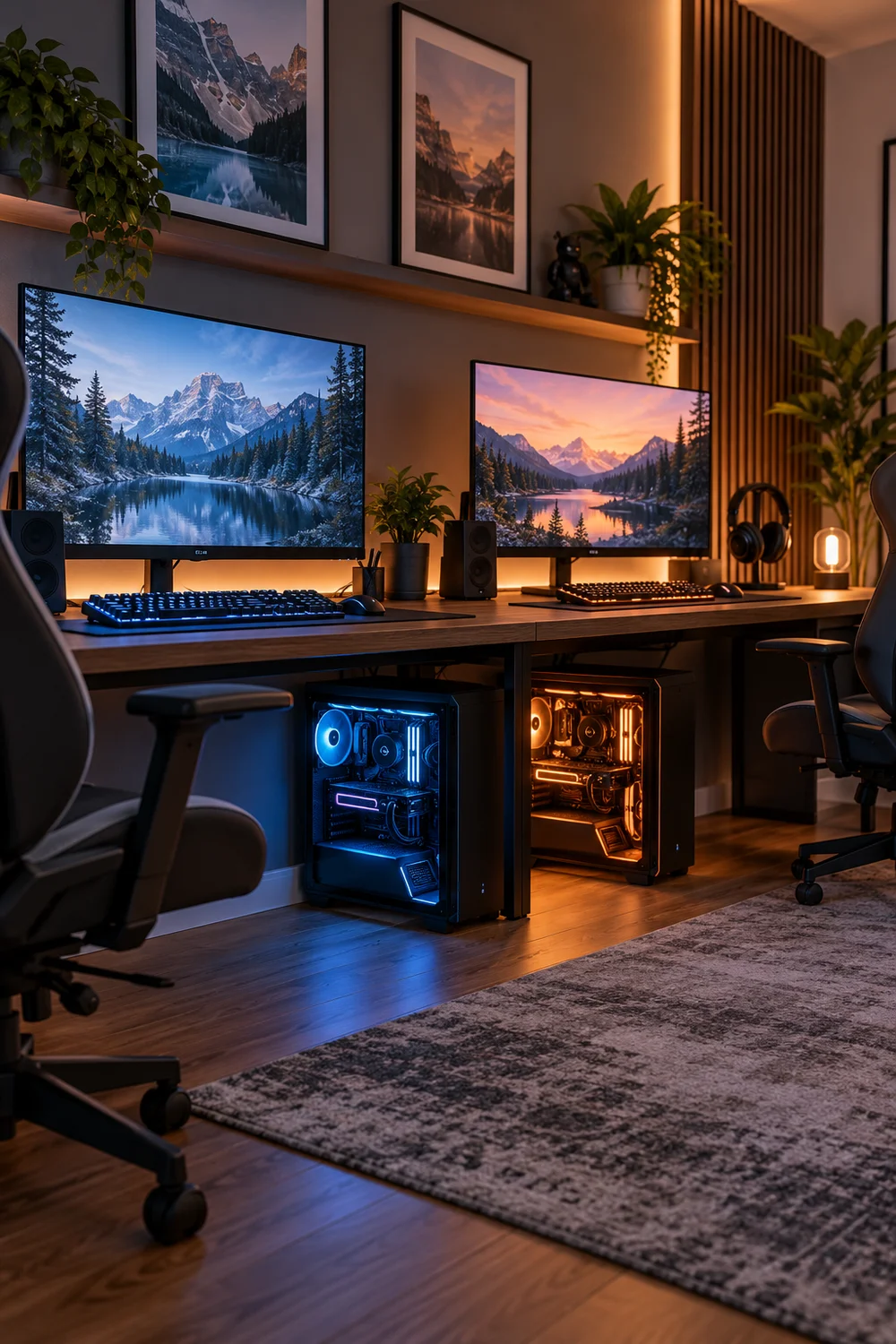 Two gaming PCs under a shared dual desk