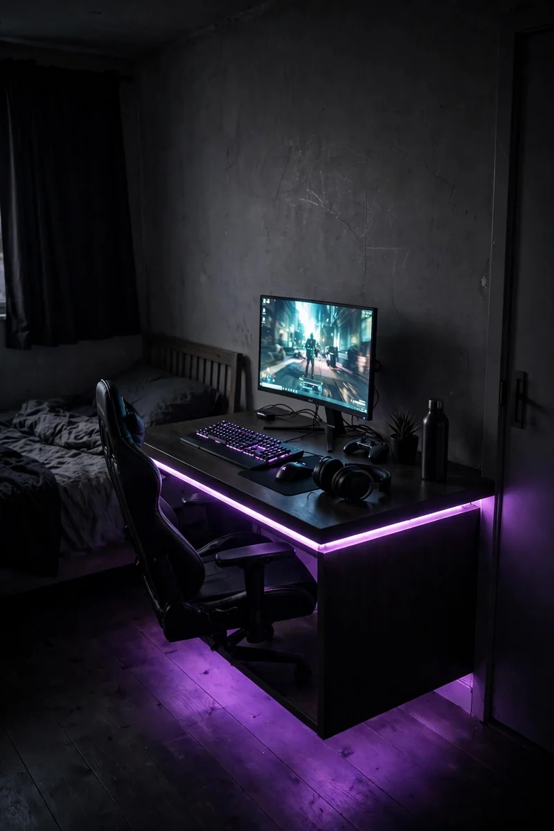 Under-desk LED glow in a rental gaming setup