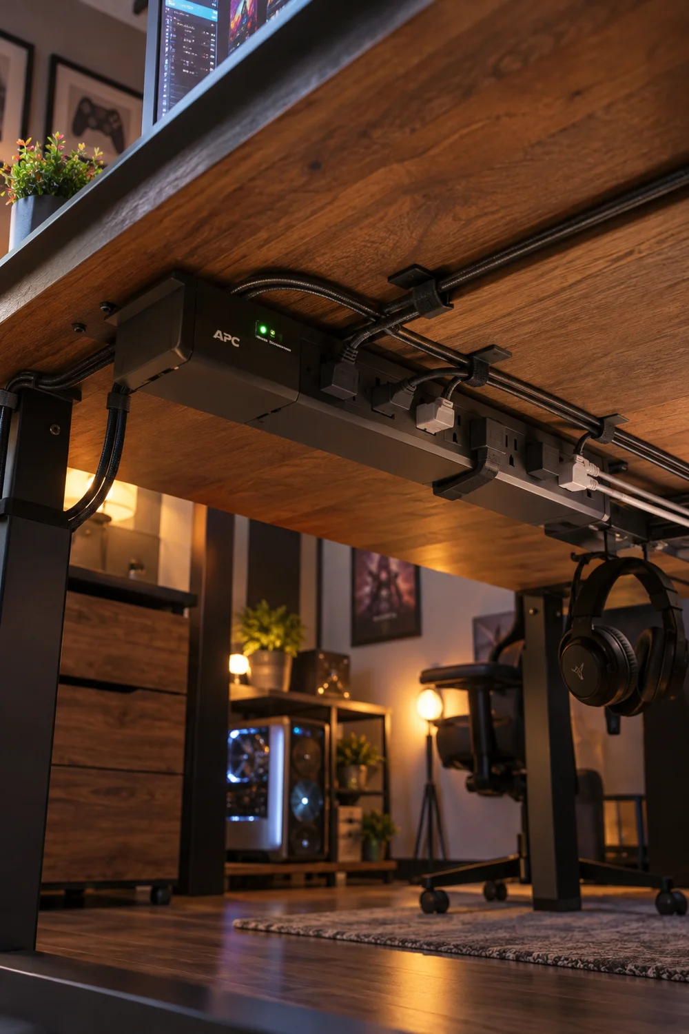 Surge-protected power strip mounted under a gaming desk