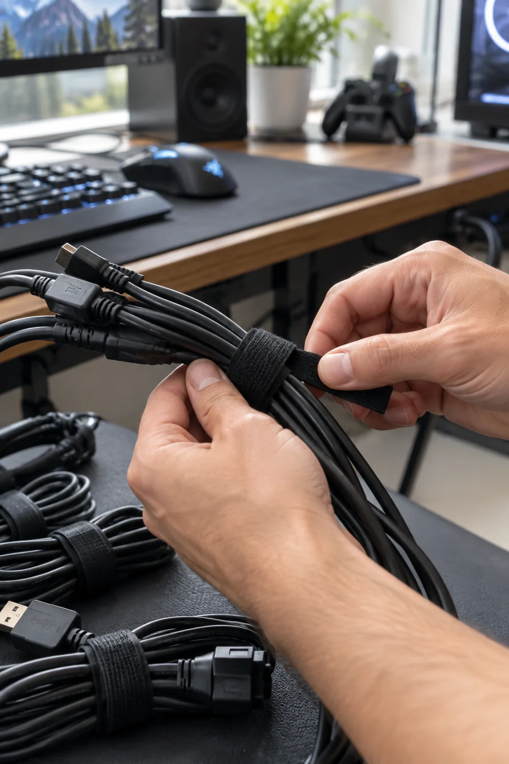 Gaming cables neatly bundled with reusable velcro ties