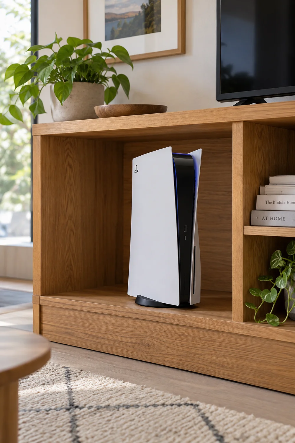 Game console with clear ventilation space on an open shelf