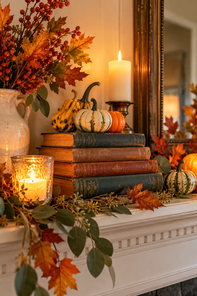Stack of vintage books topped with a gourd on a Thanksgiving mantel