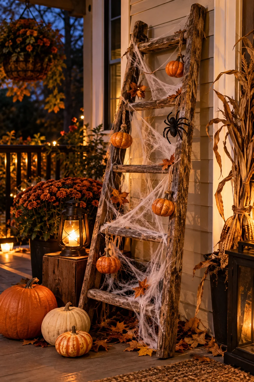 Old wooden ladder decorated for Halloween on a porch