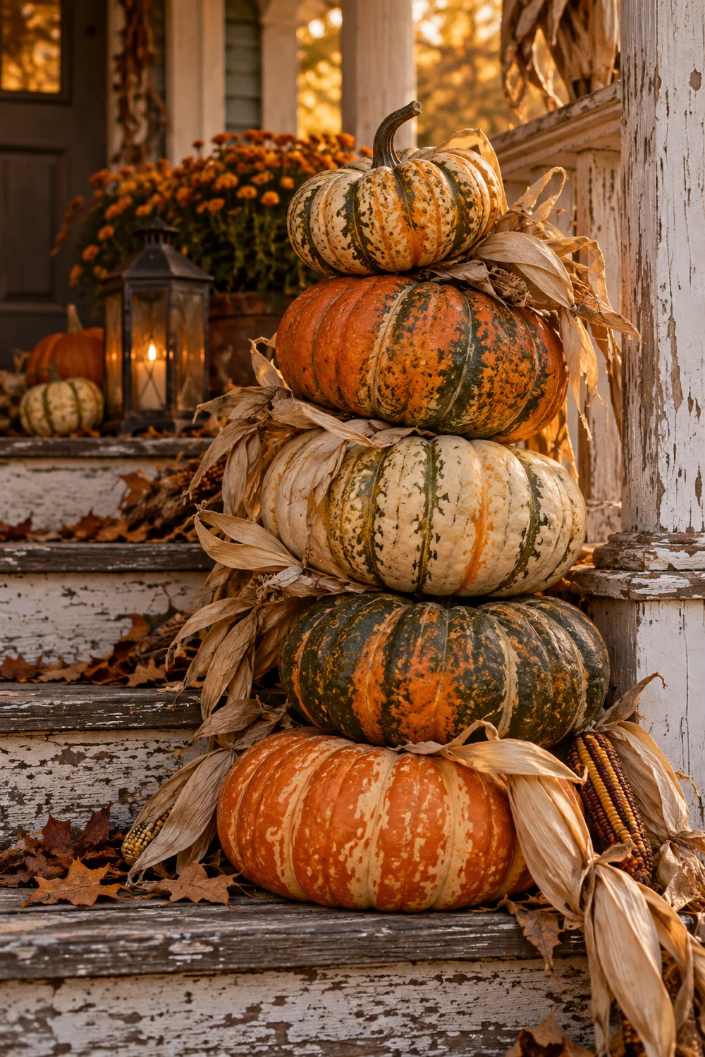 Stack of striped heirloom pumpkins on porch steps for vintage Halloween decorating