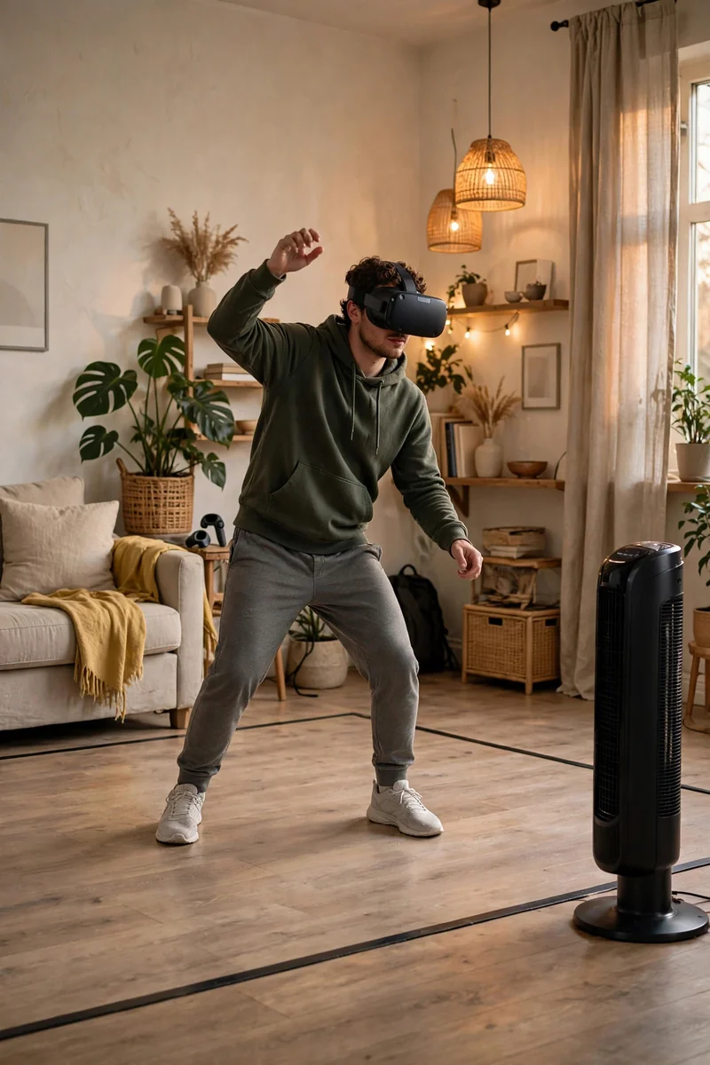 Fan providing airflow in a VR gaming room play zone