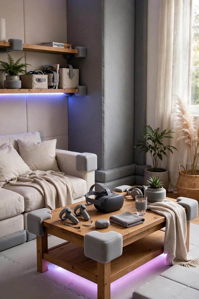 Padded furniture corners and walls in a VR gaming room