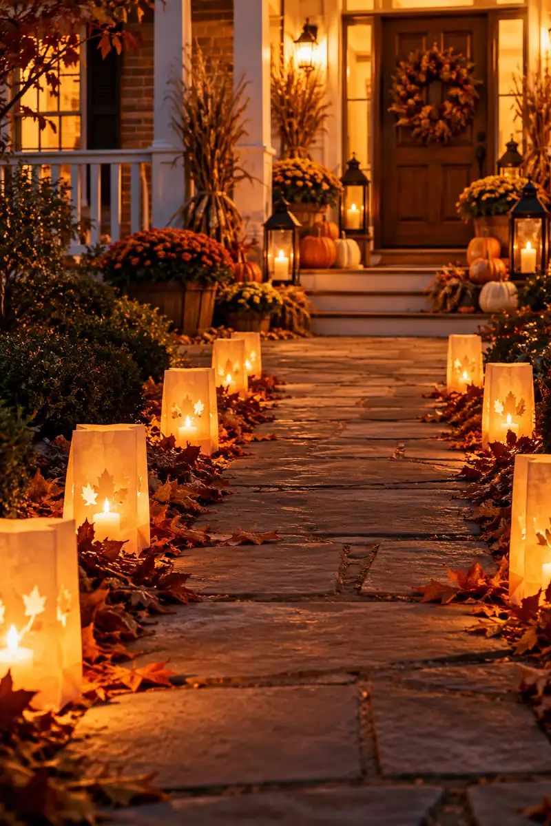 Glowing luminaries lining a walkway to a Thanksgiving decorated porch