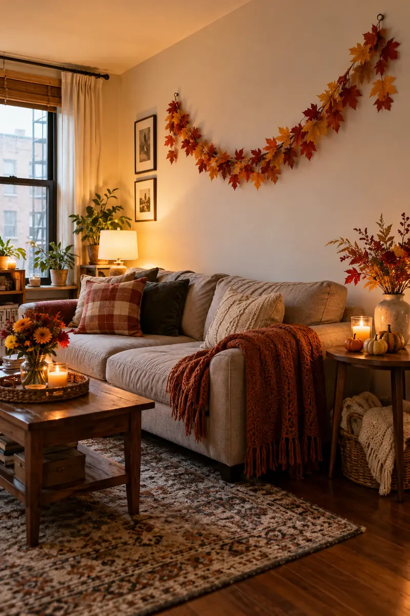 Fall garland hung high on a small apartment wall for Thanksgiving
