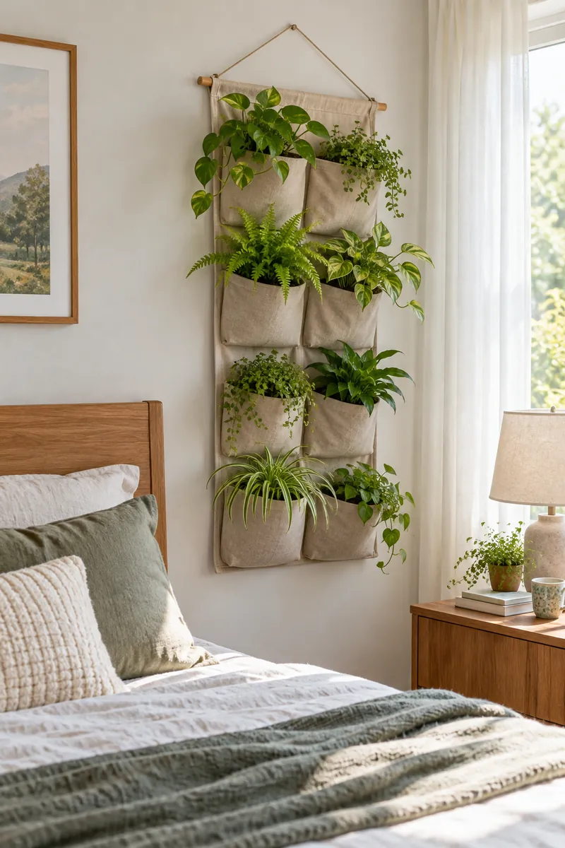 Wall-mounted pocket planter with small plants in a small bedroom