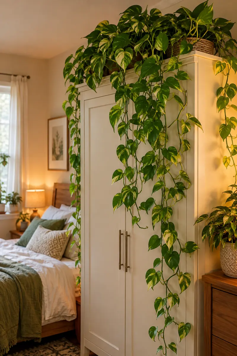 Trailing pothos plants on top of a wardrobe in a small bedroom