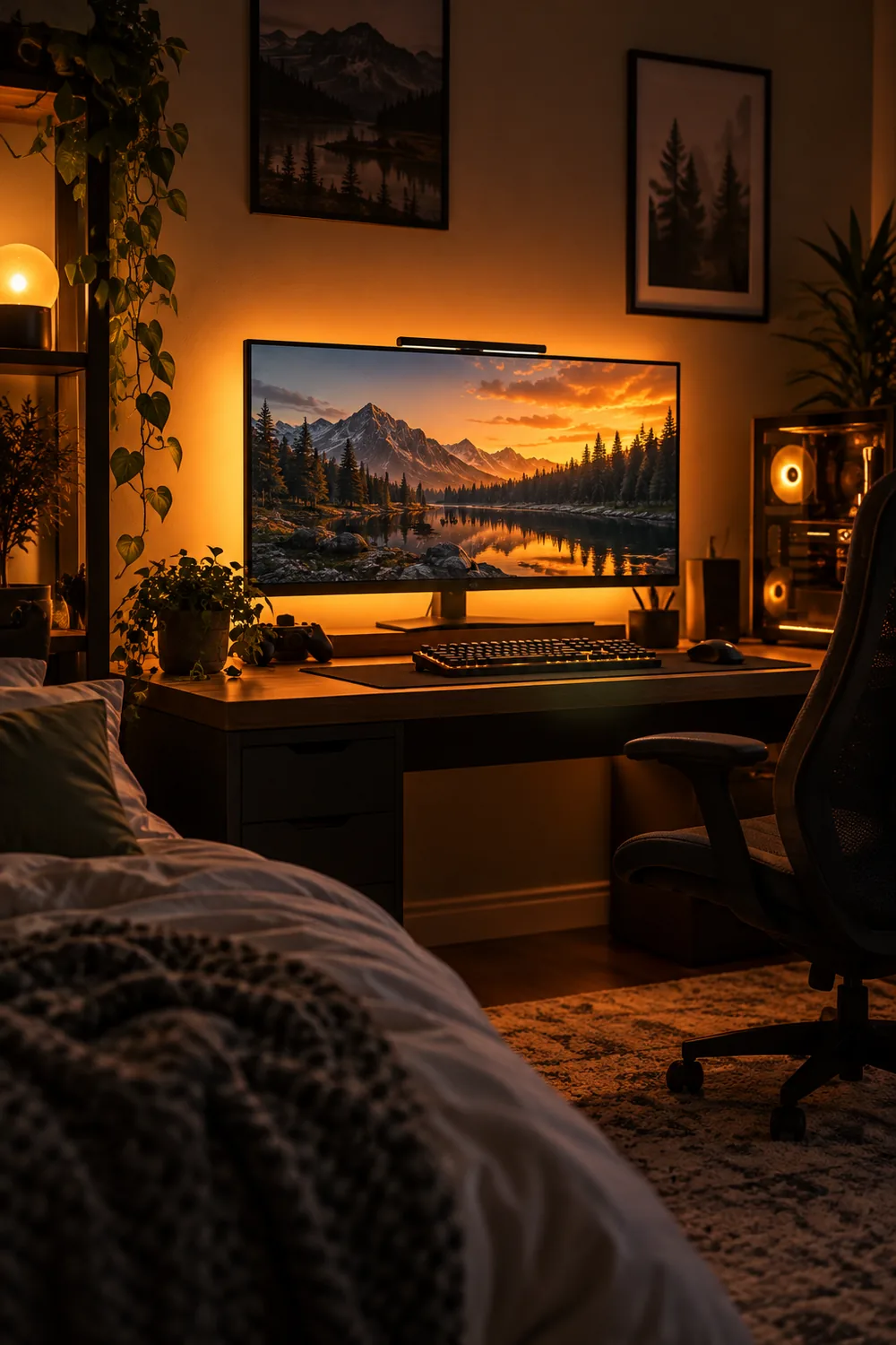 Gaming monitor with warm amber bias lighting glowing behind it