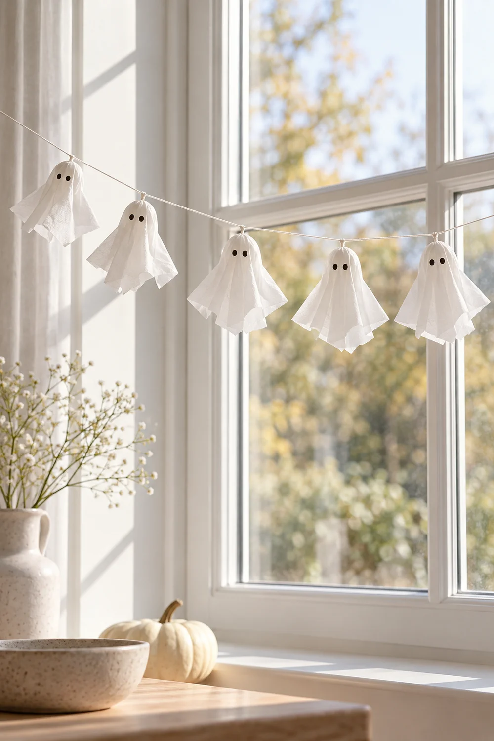 White paper ghost garland hanging in a bright window
