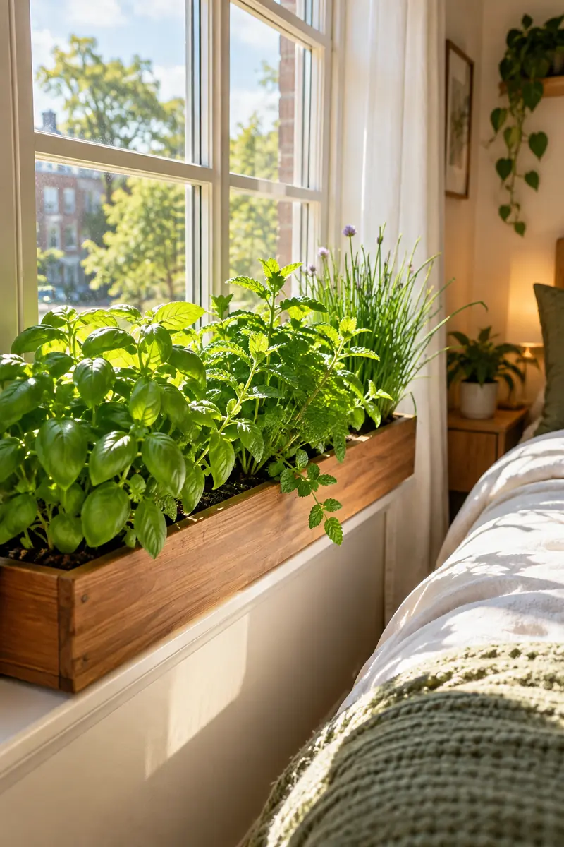 Window box with fresh herbs mounted on a bedroom windowsill