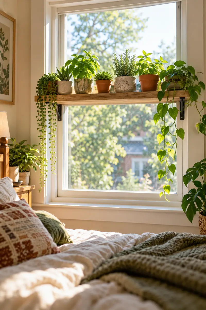 Narrow shelf across a bedroom window with small plants