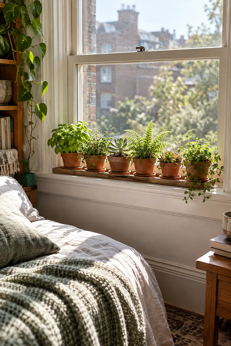 Windowsill lined with small potted plants in a small bedroom