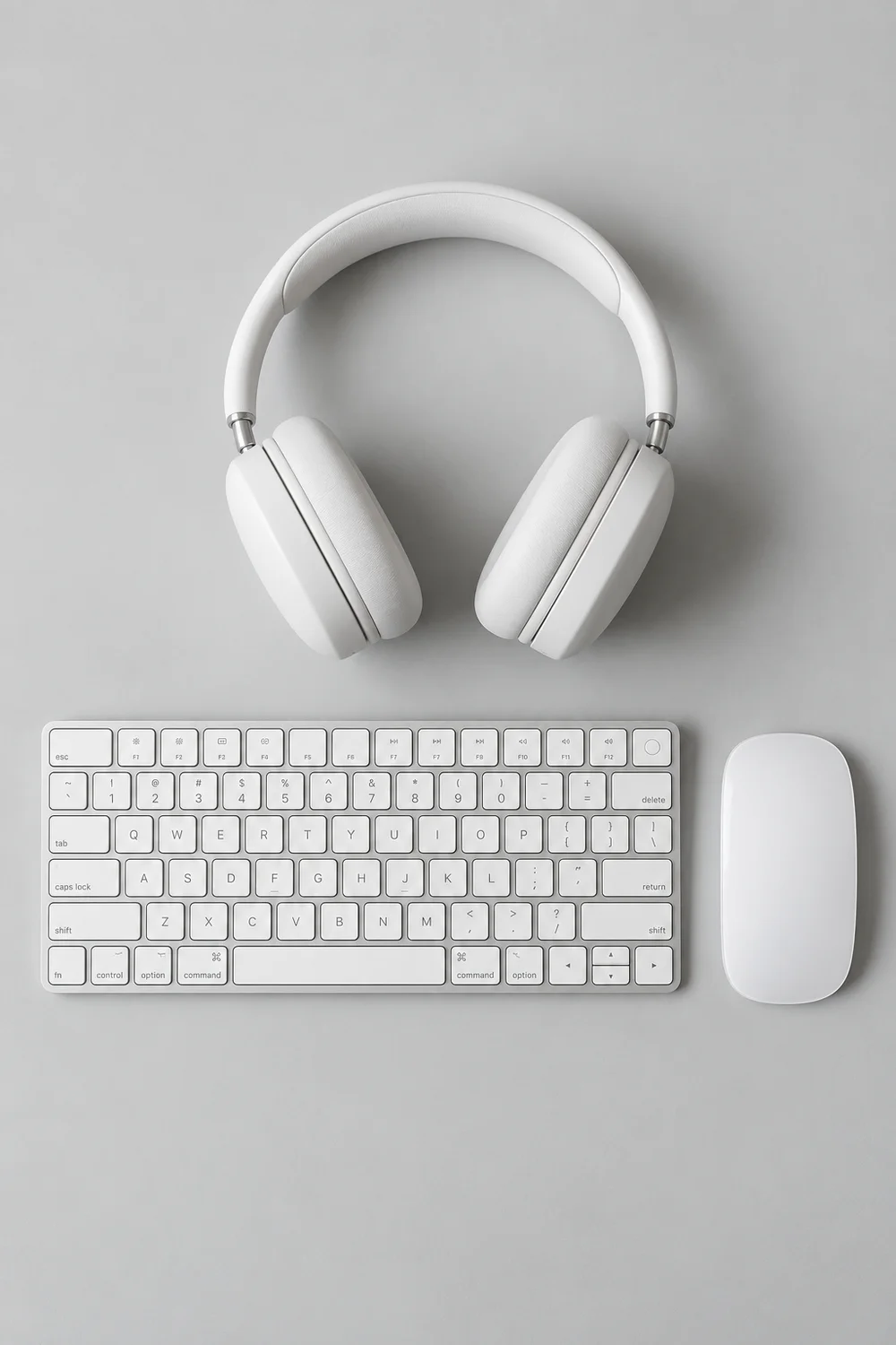 White wireless keyboard, mouse and headset on a light background